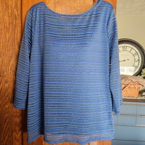 Peck & Peck Medium Blue Sheer Stripe Knit Tunic Top Lightweight 3/4 Sleeve